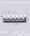 Heavy Duty Dual Row Six Position Screw Terminal Block Kit Two Sets 600V 25A With Cover Rock Solid Insulated Barriers And 12 Insulated Fork Wire Connectors For Easy Secure Wiring In Electronics And Control Panels shown with dimensions and fork connectors.