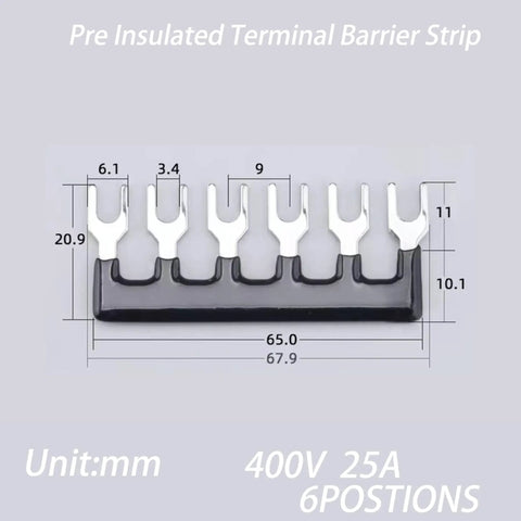 Heavy Duty Dual Row Six Position Screw Terminal Block Kit Two Sets 600V 25A With Cover Rock Solid Insulated Barriers And 12 Insulated Fork Wire Connectors For Easy Secure Wiring In Electronics And Control Panels shown with dimensions and fork connectors.