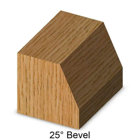 Wood sample showing 25° bevel cut shape, demonstrating the effect of using an Edge Bevel Router Bit with 25 Degree Angle for Laminate Edges.