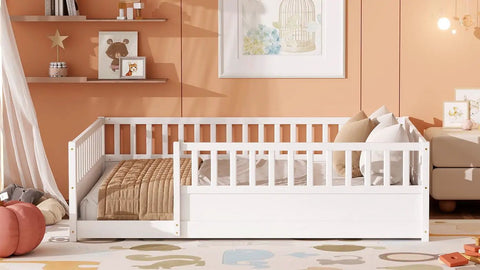 Queen Montessori Floor Bed with 21.46-inch wraparound guardrails in a cozy nursery setting.