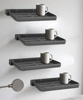 Level Up Your Rig Setup With These Smooth Folding Aluminum Wall Shelves For Rv Trailers And Motorhomes. Four gray shelves holding mugs.