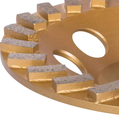 Close-up of the A-96425 7-Inch Diamond Cup Wheel With 24 Segment Turbo Anti-Vibration, gold finish, showing segment detail.