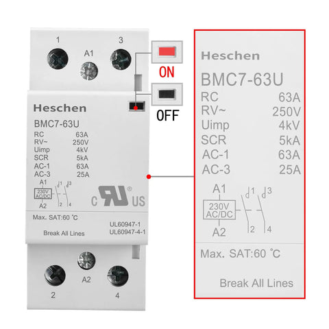 Heavy Duty 63A 2 Pole Modular AC Contactor With 230V AC DC Universal Coil And 2NO Normally Open Contacts labeled ON and OFF.