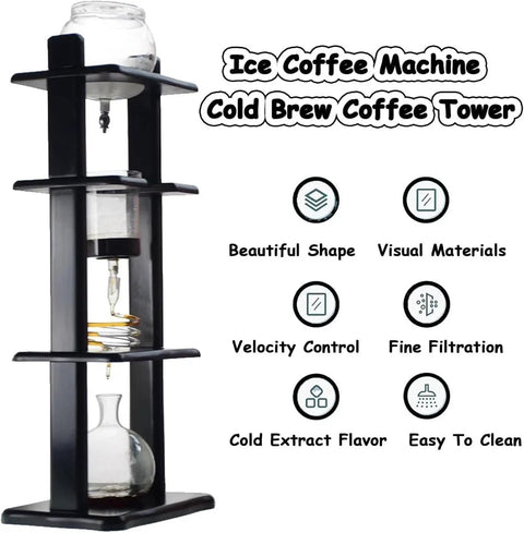 Next Level Manual Cold Drip Coffee Maker For Home Baristas Chasing Killer Cold Brew, black wooden stand with glass vessels.