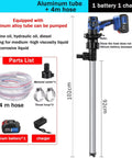 Versatile 21V Battery Operated Syphon Pump With Tough Aluminum Tube And Long Hose For Diesel, Kerosene, Oil Or Water Transfer Jobs That Get Big Jobs Done Fast, features 4m hose and battery charger.