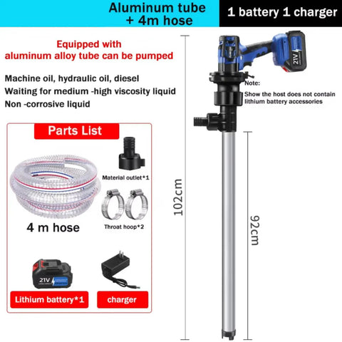 Versatile 21V Battery Operated Syphon Pump With Tough Aluminum Tube And Long Hose For Diesel, Kerosene, Oil Or Water Transfer Jobs That Get Big Jobs Done Fast, features 4m hose and battery charger.