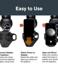 Instruction image for NexGO DX All In One Universal Smartphone Adapter For Telescope Binoculars And Spotting Scopes showing setup steps.