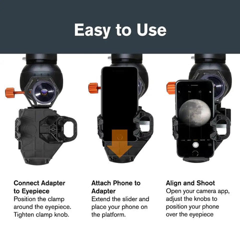 Instruction image for NexGO DX All In One Universal Smartphone Adapter For Telescope Binoculars And Spotting Scopes showing setup steps.