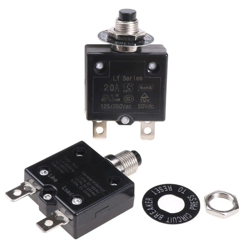 Heavy Duty Thermal Circuit Breaker 20 Amps Push Button Manual Reset Switch 125 To 250 Volts Ac 50 Volts Dc Single Pole Pack Of Two