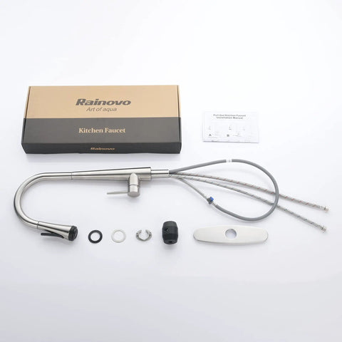 High Arc Kitchen Faucet With Pull Down Sprayer Single Handle Sink Faucet In Brushed Nickel with accessories and box