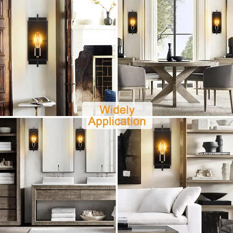 Two Pack Rustic Wall Sconces Set for Bedroom Living Room Kitchen Hallway Bathroom Damp Rated Industrial Farmhouse Lighting with E26 Base Hardwired Bulbs Included installed in various rooms