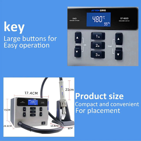 Pro Grade 1000W Hot Air Soldering Station For PCB Repair with digital LCD display showing temperature and control buttons