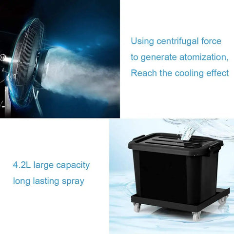 Built Tough Industrial Floor Misting Fan With Auto Swivel Wide Mist Spray And High Output for cooling with large water tank.