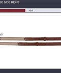 Pro Grade Advantage Side Reins in Havana leather with elastic and stainless steel hardware, size details shown.