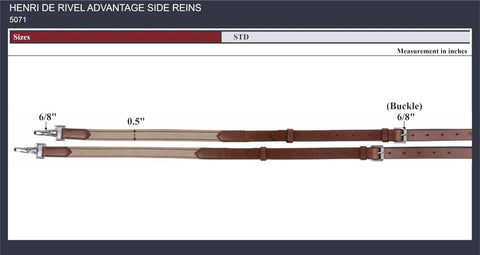 Pro Grade Advantage Side Reins in Havana leather with elastic and stainless steel hardware, size details shown.