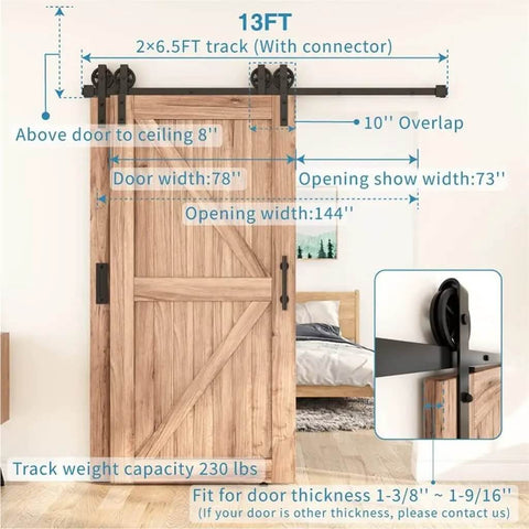 Antique Style Black Top Mounted Barn Door Hardware Kit for Double Doors shown on wooden door with detailed measurements and features.
