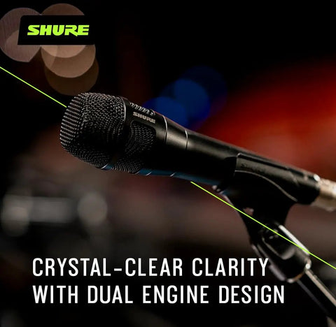 Close-up of Nexadyne 8 S Supercardioid Dynamic Vocal Mic with Revonic Dual Engine on stage stand, black, XLR wired.