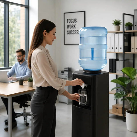 5 Gallon Water Bottle With Easy Grip Handle BPA Free Durable Plastic Jug For Top Load And Bottom Load Water Dispensers in office.