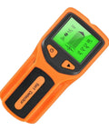 For Stud Finder Wall Scanner, 5-in-1, LCD Display, Center Finder, Backlit with green screen and orange body.