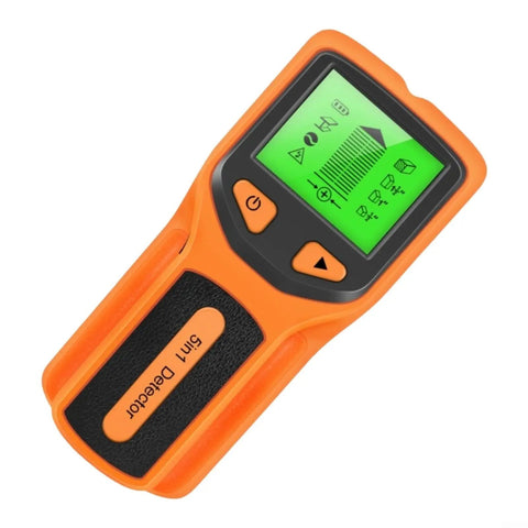 For Stud Finder Wall Scanner, 5-in-1, LCD Display, Center Finder, Backlit with green screen and orange body.