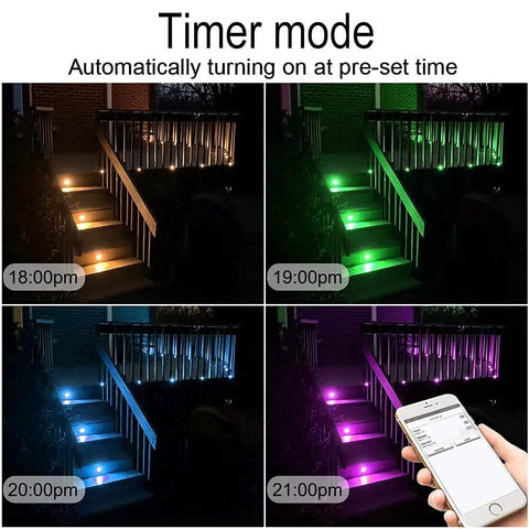 WiFi RGBW Deck Light Kit 20 Pack Low Voltage Recessed In Ground Outdoor Lights timer mode with color changes on stairs.