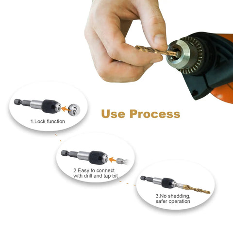 Beast Titanium-Coated High Speed Steel Drill And Tap Bits Set shown with quick change adapter lock function and connection process