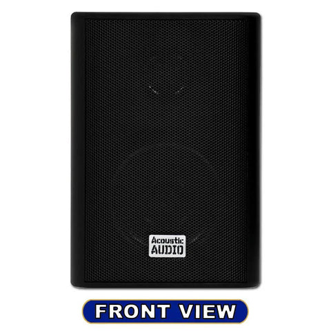 Front view of AA351B 2 Way High Performance Indoor Outdoor 500W Speakers with killer bass, weatherproof black exterior.
