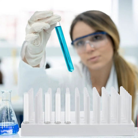 Scientist using Heavy Duty Test Tube Rack With Peg Drying Layout For Reliable Centrifuge And Microtube Holding.