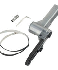 Heavy Lifting Pneumatic Air Belt Sander And Grinder With 10X330MM Platform parts including sander, air connector, and an Allen key.