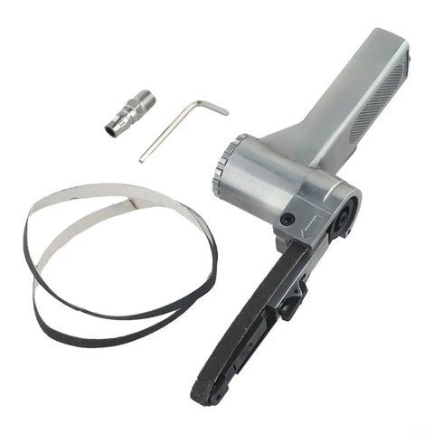 Heavy Lifting Pneumatic Air Belt Sander And Grinder With 10X330MM Platform parts including sander, air connector, and an Allen key.