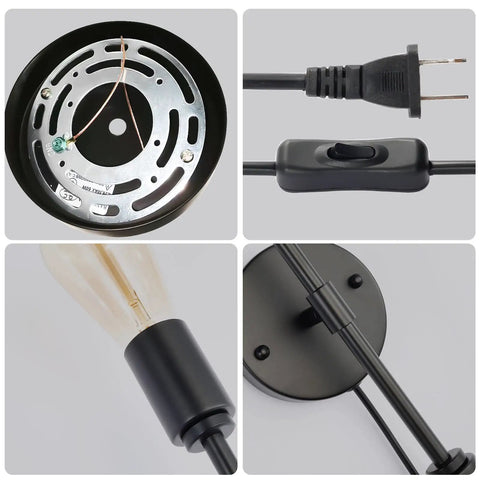 Lit Two-Light Black Bathroom Vanity Light Fixtures Set Of Two, showing plug-in cord, on/off switch, bulb socket, metal base detail.