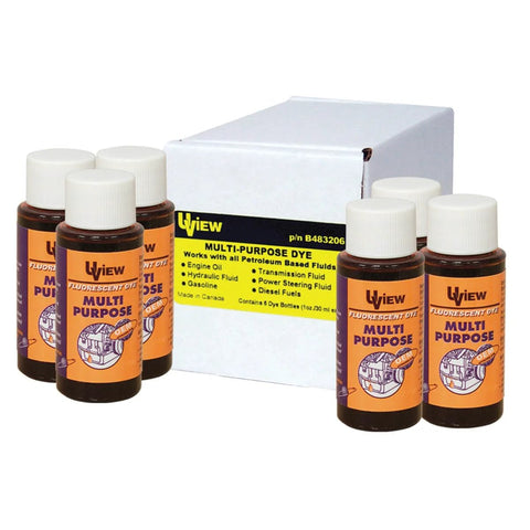 Front view: UVIEW Multi-Purpose Dye bottles (6 x 1 oz) with orange labels; automotive dye set.