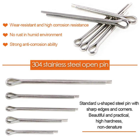 Pro Grade Cotter Pin Clip Fastener Kit With 110 Pieces In Six Sizes For Automotive And Small Engine Repair 304 Stainless Steel Pins In Durable Transparent Storage Box Rustark, various pin sizes shown.