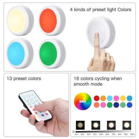 Color Changing LED Puck Lights With Remote showing 4 preset colors and 13-color remote control, for under cabinet use.