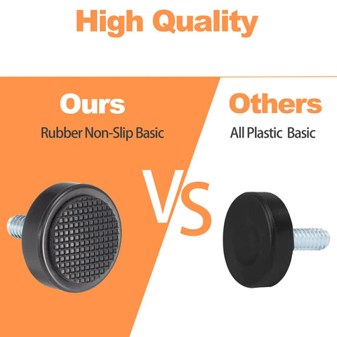 12 Pack Slick 1/4-20 Thread Furniture Levelers comparison showing rubber non-slip base versus all plastic base for durability.