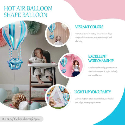 4D Hot Air Balloon Mylar Foil Balloons 35 Inch Blue 4 Pack Helium Floating Decorations For Kids Birthday Party Baby Shower Nursery Room Decor Trendy IG Worthy Photo Backdrop Garland, shown enhancing toddler birthday with vivid colors.