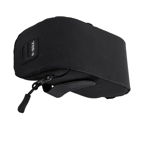 Side view of the Under Seat Bike Bag With 3D Shell Ultra Lightweight 0.75L Storage Pouch For Riders Easy Hook And Loop Strap On Quick Install Polyester Durable Waterproof Black, showcasing its sleek design and zipper closure.