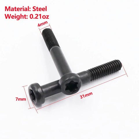 4 Piece Steel M4 Screws For Red Dot Optics Risers And Micro Mounts Built To Last Durable Corrosion Resistant Replacement Hardware With OEM Machined Fit For UN Mounts Easy Quick Install For Optics Riser Systems shown in close-up with measurements.