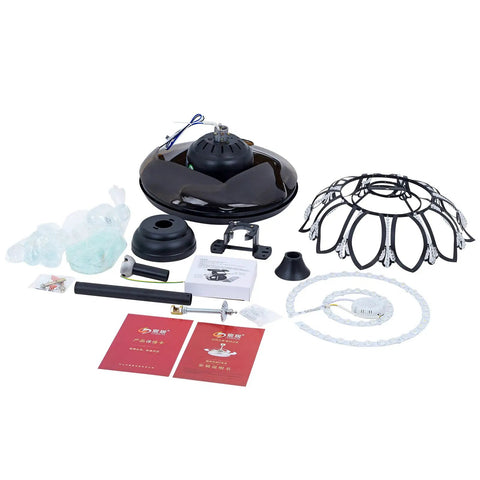 Ceiling Fan with Light Crystal Retractable 3 Color Control Silent Copper assembly parts, including blades, shades, and instruction manuals.