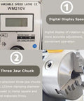 Digital display speed control and three-jaw chuck of Badass Mini Metal Lathe Benchtop Table Tool 8X16 Inch Capacity.