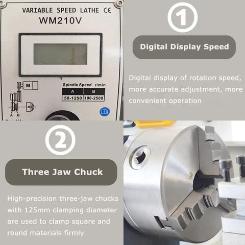 Digital display speed control and three-jaw chuck of Badass Mini Metal Lathe Benchtop Table Tool 8X16 Inch Capacity.
