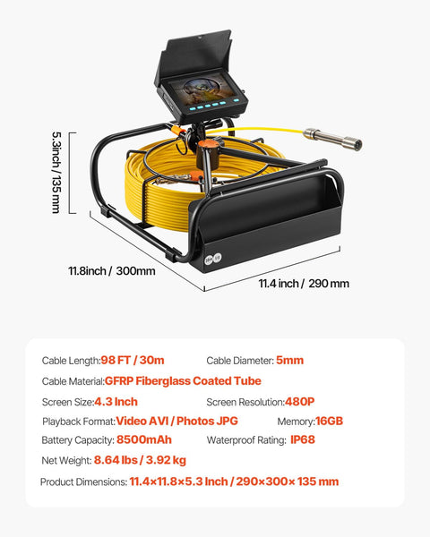 Pro Grade Sewer Camera With Crisp 4.3 Inch Screen And 98 Foot Cable For Effortless Pipe Drain Inspections, showing setup and features.