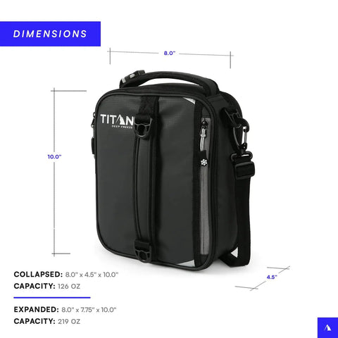 Fridge Cold Expandable Insulated Lunch Box Keeps Your Grub Frosty All Day With Twin Ice Walls Zero Leak Guarantee And Roomy Interior Fit For School Or Nine To Five Grind In Black And Silver, shown with dimensions.