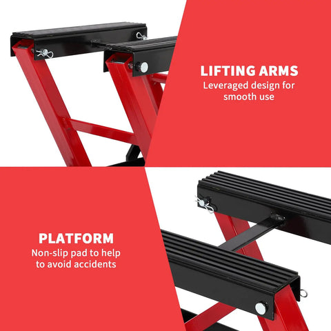 Beefy Hydraulic Motorcycle Lift Jack With 1500 Lb Capacity featuring non-slip platform and lifting arms, red garage lift.