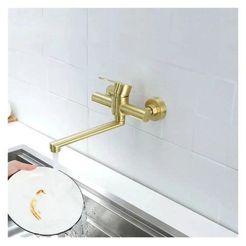 ntumLeap Brushed Nickel Wall Mounted Kitchen Faucet 180° Rotating Hot & Cold Water Mixer, gold finish, washing dishes in sink.