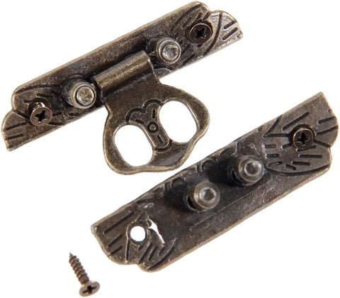 Antique Bronze Wooden Box Hinges Set Five 25x48mm Hasps Iron Lock Catch Latches detail view with screws