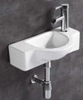 Compact White Ceramic Washbasin And Faucet Combo For Small Bathrooms, Wall Mount Sink Set With Chrome Pop Up Drain installed on wall
