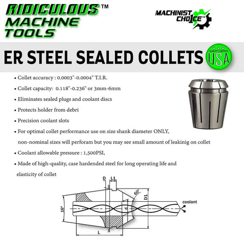 Diagram and text of Beefy Three Quarter Inch ER32 Steel Sealed Spring Collet For CNC Milling with specs and ratings.