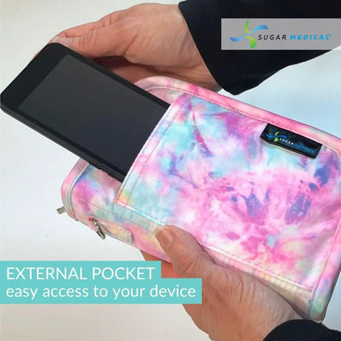 Diabetes Grab-And-Go Travel Case For Glucose Meter And Essentials, Portable Diabetic Organizer Bag, Glucometer Kit, Medical Supplies Pouch, Easy Everyday Diabetes Care, pastel fabric pouch with external phone pocket