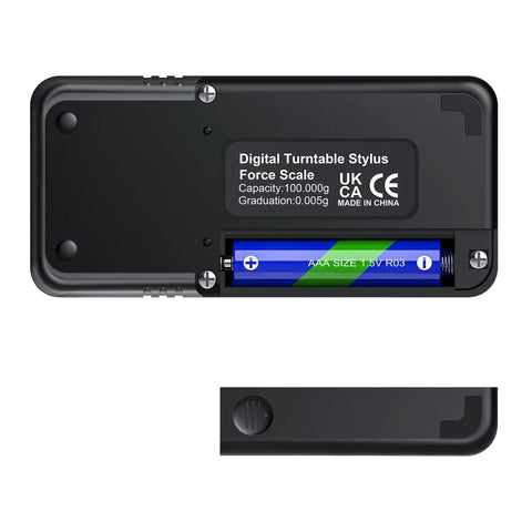 Digital Stylus Force Gauge For Turntables With 0.005g Resolution And 100g Capacity, ±0.015g Accuracy , Pro-Grade Non-Magnetic Tool For Fine-Tuning Cartridge Tracking, Dialed-In Sound Quality, And Reducing Record Wear. Black battery compartment view
